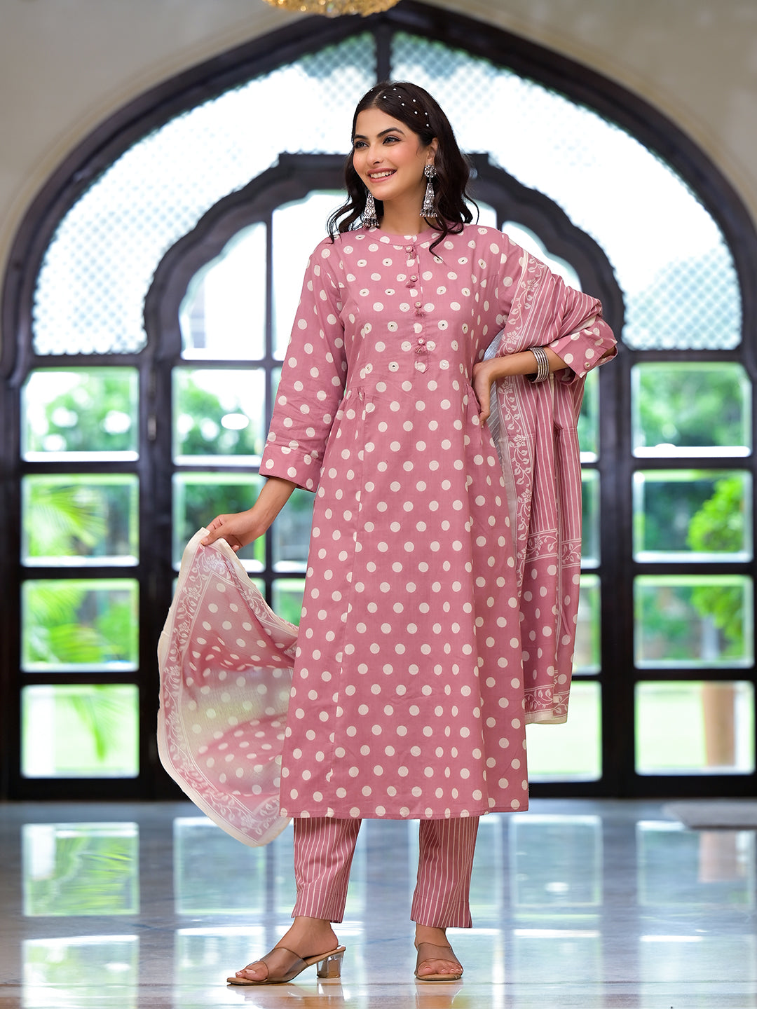 Eshani Light Pink Printed Pure Cotton Straight Kurta & Trouser with Dupatta