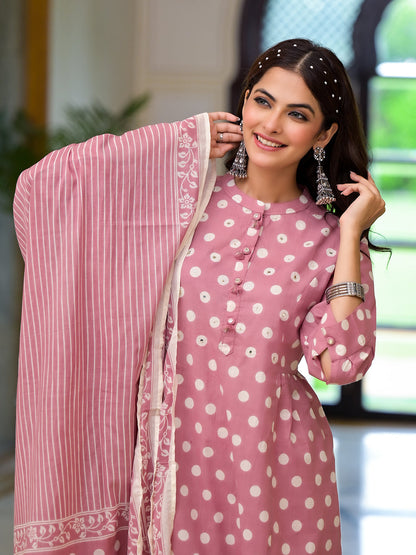 Eshani Light Pink Printed Pure Cotton Straight Kurta & Trouser with Dupatta