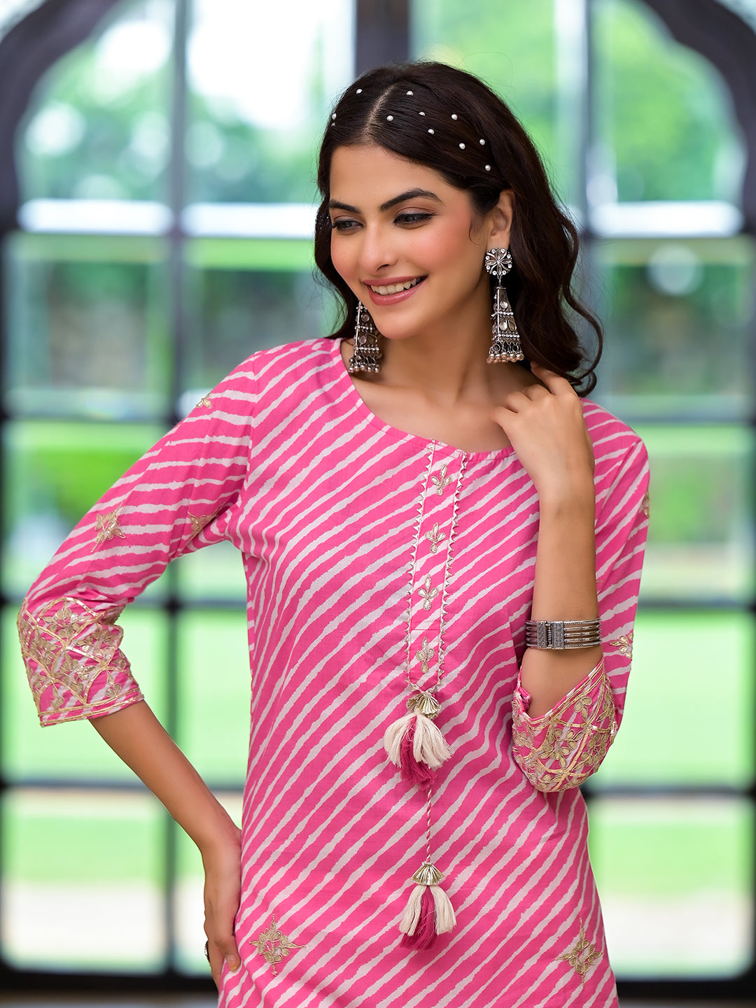 Eshani Pink Leheriya Print Embroidered Pure Cotton Straight Kurta