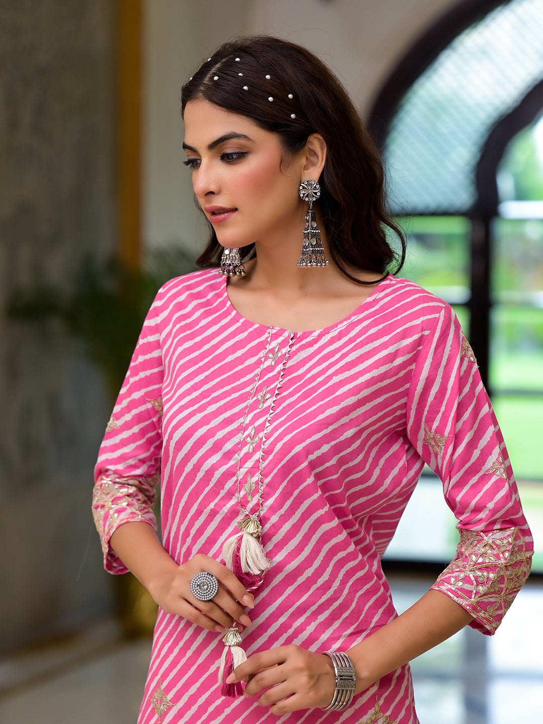 Eshani Pink Leheriya Print Embroidered Pure Cotton Straight Kurta