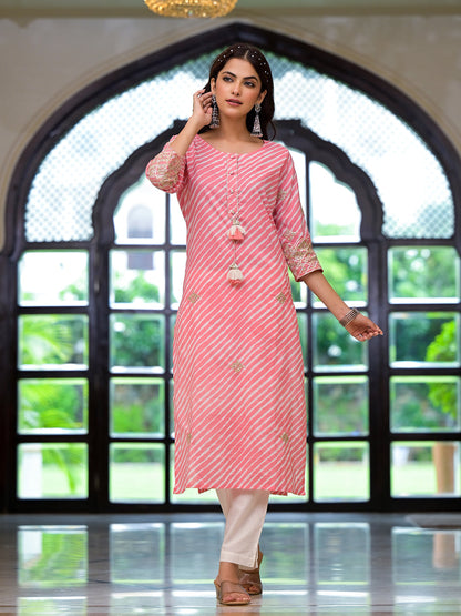 Eshani Peach Leheriya Print Embroidered Pure Cotton Straight Kurta