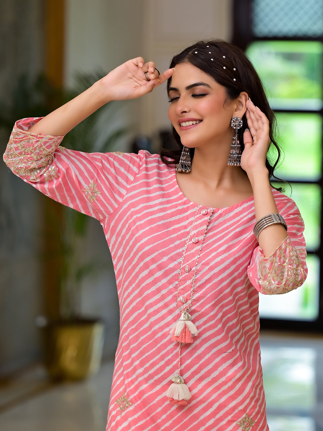 Eshani Peach Leheriya Print Embroidered Pure Cotton Straight Kurta