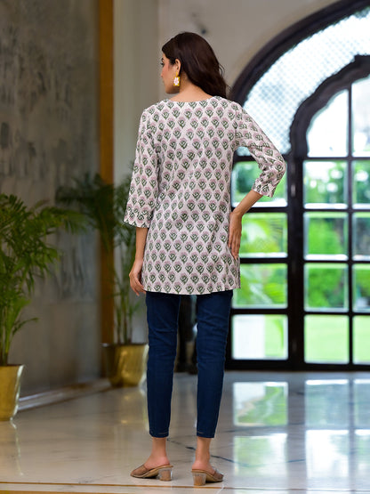 Eshani White Floral Print Pure Cotton A-line Top