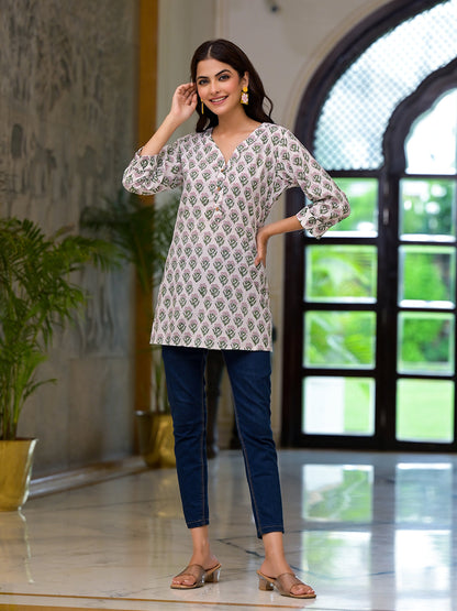 Eshani White Floral Print Pure Cotton A-line Top