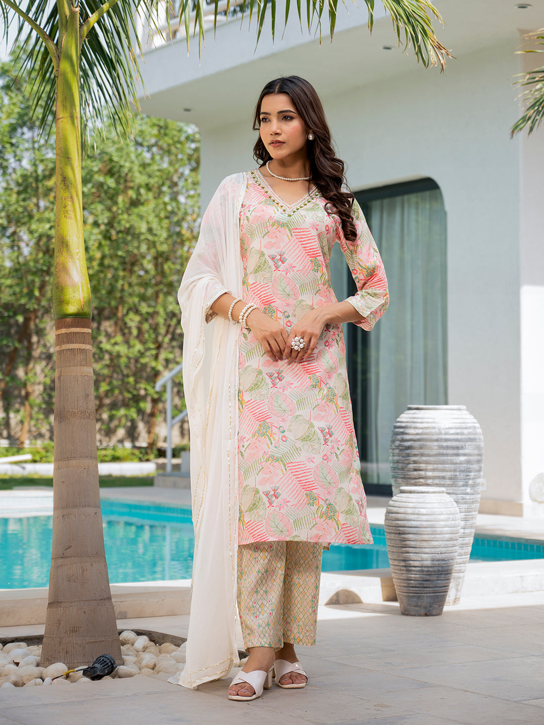 Eshani Cream Embroidered & Floral Print Muslin Kurta Set