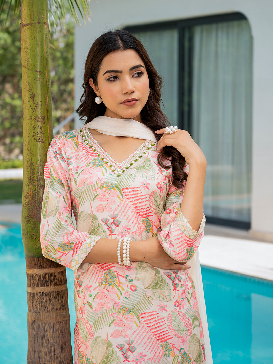 Eshani Cream Embroidered & Floral Print Muslin Kurta Set