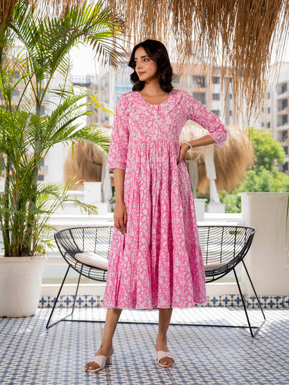 Eshani Pink Floral Printed Collar Neck Calf length Cotton dress for Women