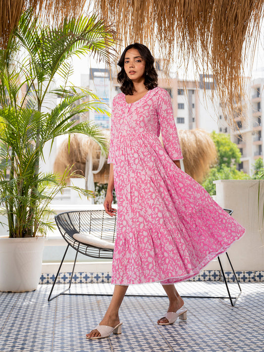 Eshani Pink Floral Printed Collar Neck Calf length Cotton dress for Women