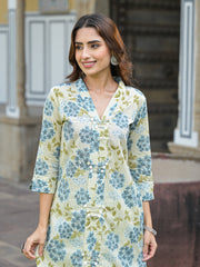 ESHANI Green Floral Print Pure Cotton Straight Kurta with Trouser