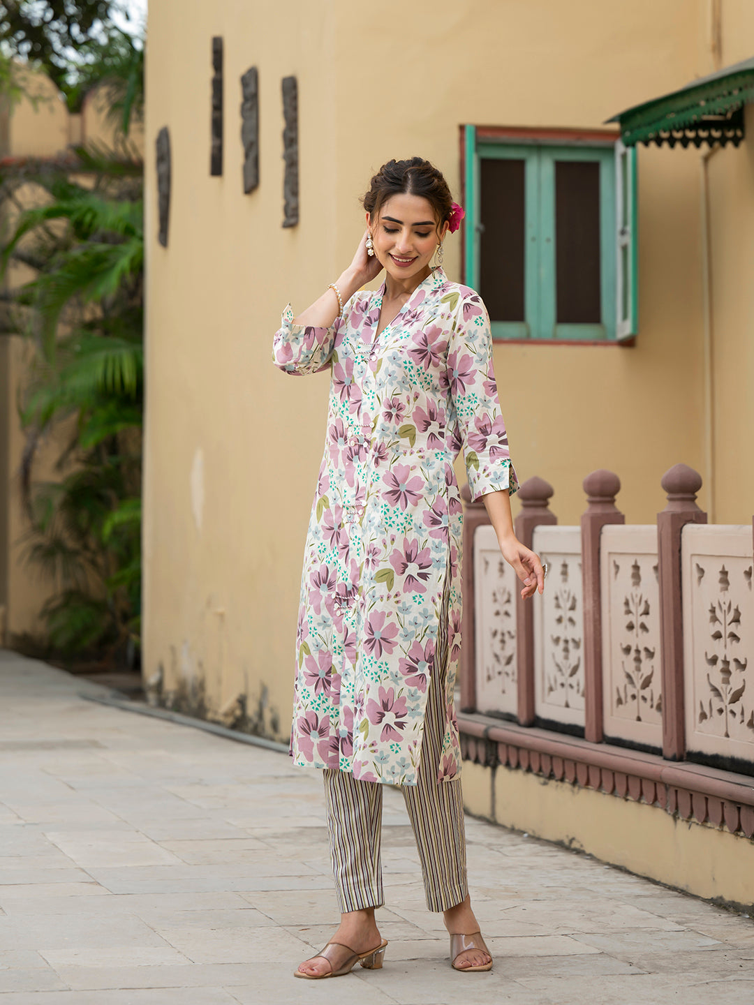 ESHANI Lavender Floral Print Pure Cotton Straight Kurta with Trouser