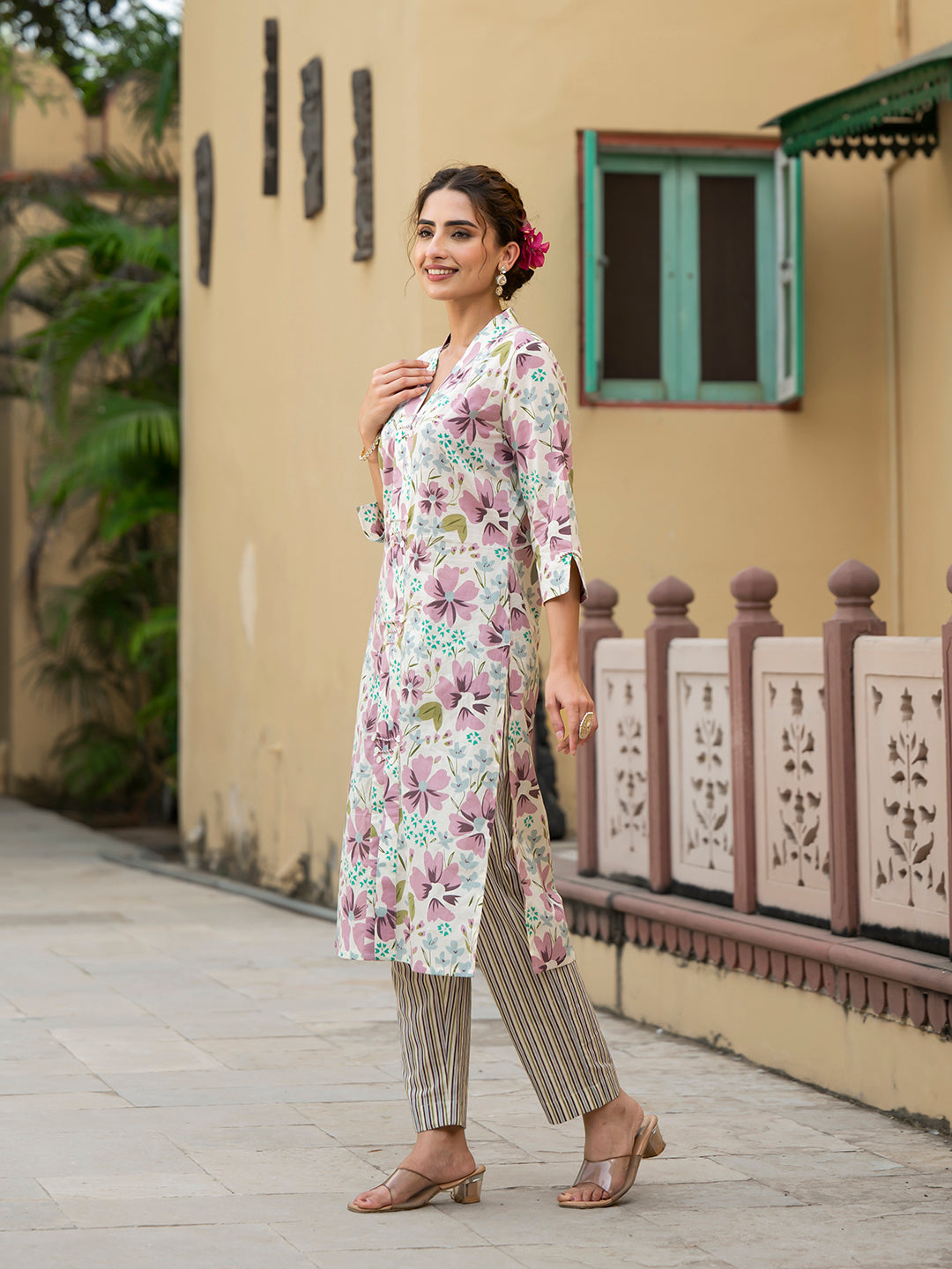ESHANI Lavender Floral Print Pure Cotton Straight Kurta with Trouser