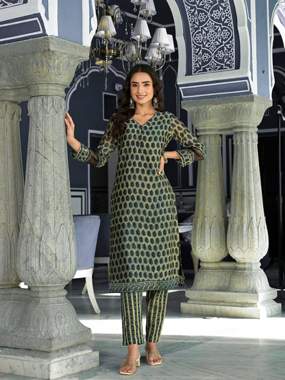 Eshani Green Ethnic Printed Chanderi Silk Kurta Trouser with Dupatta Set