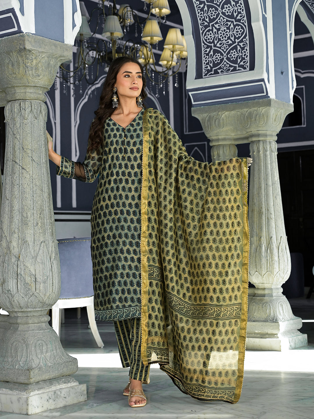 Eshani Green Ethnic Printed Chanderi Silk Kurta Trouser with Dupatta Set