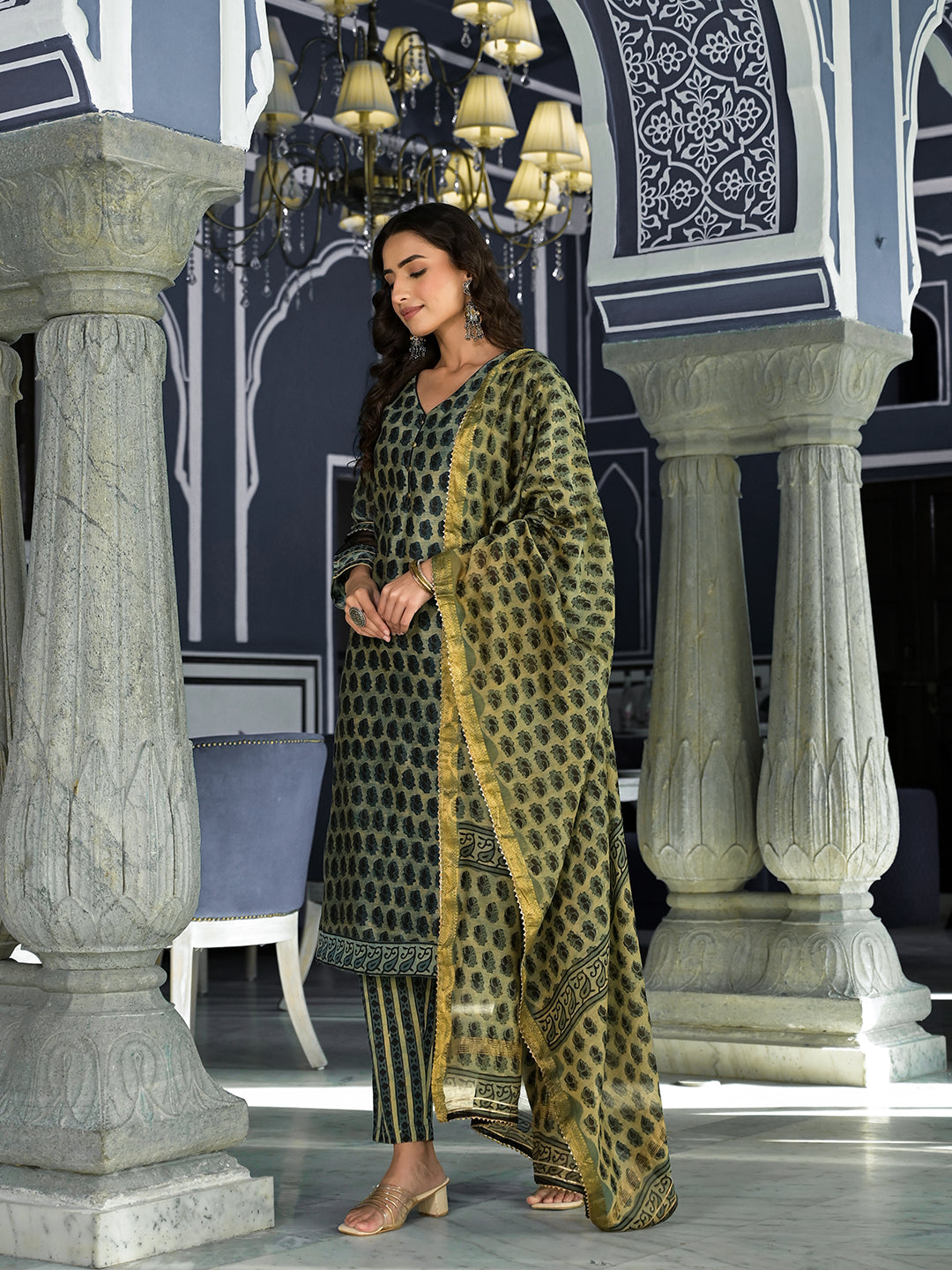 Eshani Green Ethnic Printed Chanderi Silk Kurta Trouser with Dupatta Set