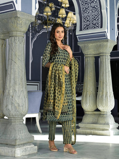 Eshani Green Ethnic Printed Chanderi Silk Kurta Trouser with Dupatta Set