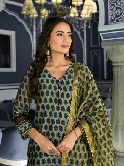 Eshani Green Ethnic Printed Chanderi Silk Kurta Trouser with Dupatta Set