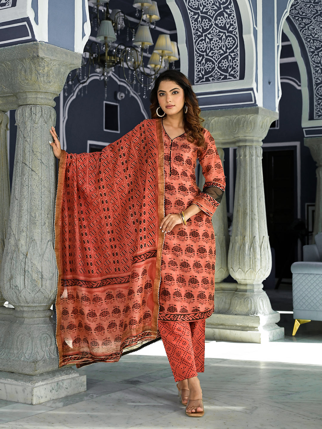 Eshani Maroon Ethnic Printed Chanderi Silk Kurta Set with Maheshwari Silk Dupatta