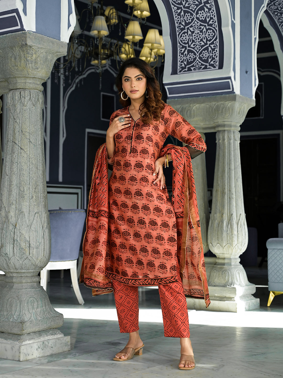 Eshani Maroon Ethnic Printed Chanderi Silk Kurta Set with Maheshwari Silk Dupatta