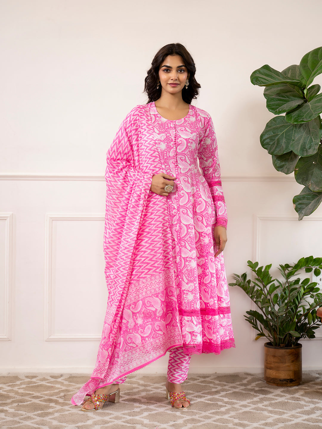 Eshani Pink Floral Print Cotton Anarkali Kurta Trouser with Dupatta Set