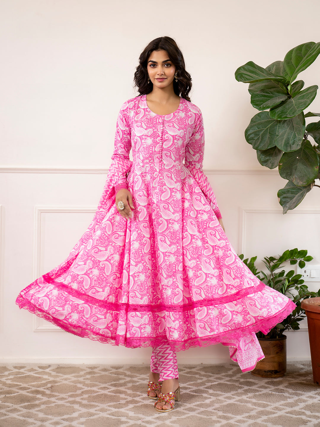 Eshani Pink Floral Print Cotton Anarkali Kurta Trouser with Dupatta Set