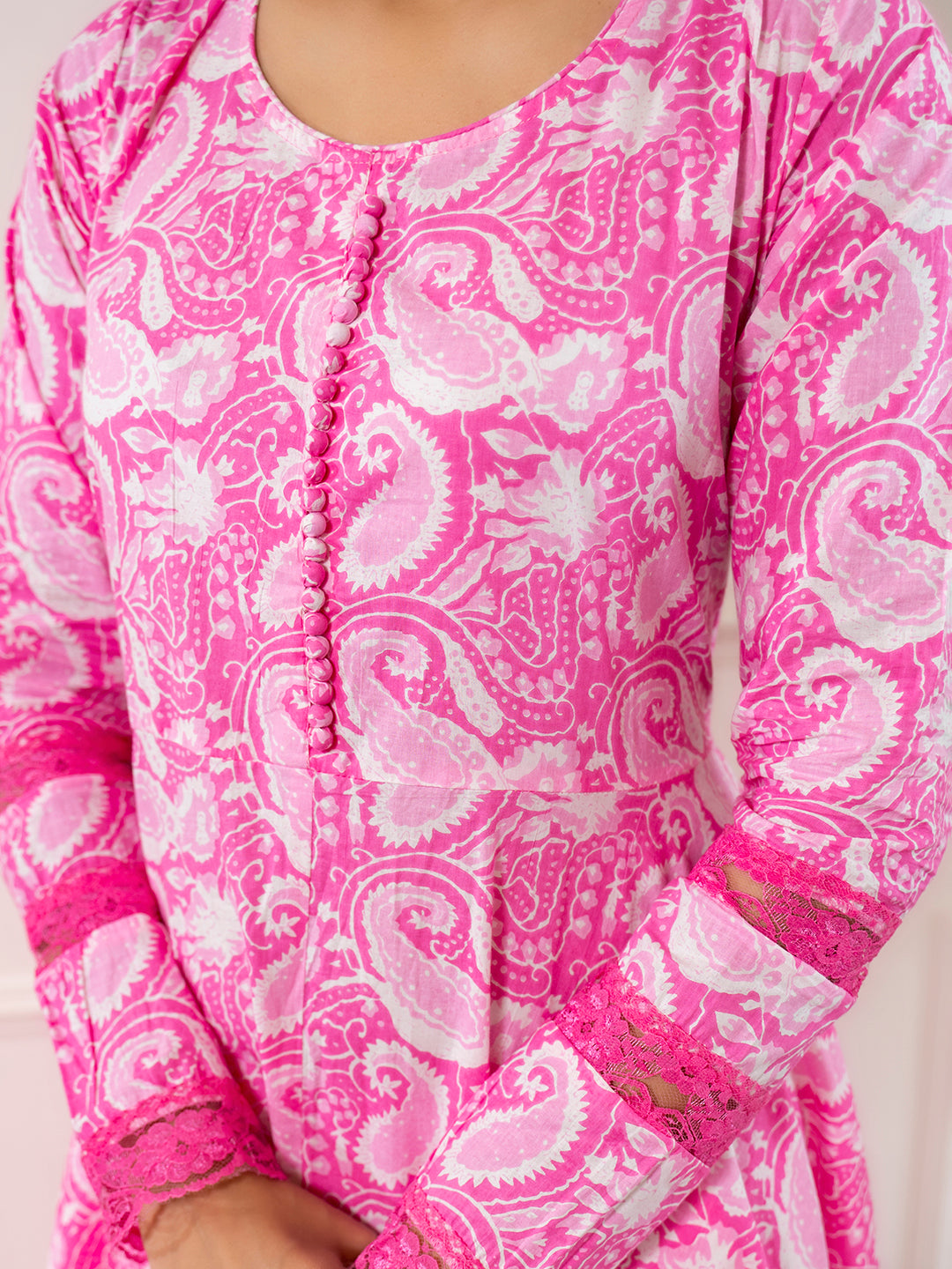 Eshani Pink Floral Print Cotton Anarkali Kurta Trouser with Dupatta Set