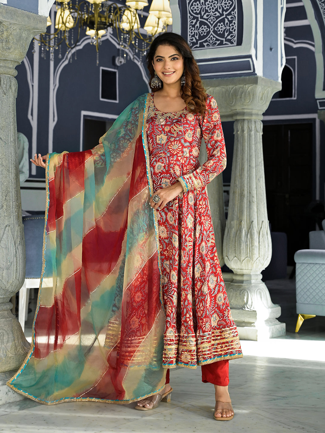 Eshani Red Floral Printed Anarkali Muslin Kurta Trouser with Dupatta Set