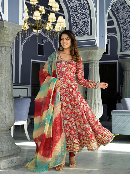 Eshani Red Floral Printed Anarkali Muslin Kurta Trouser with Dupatta Set