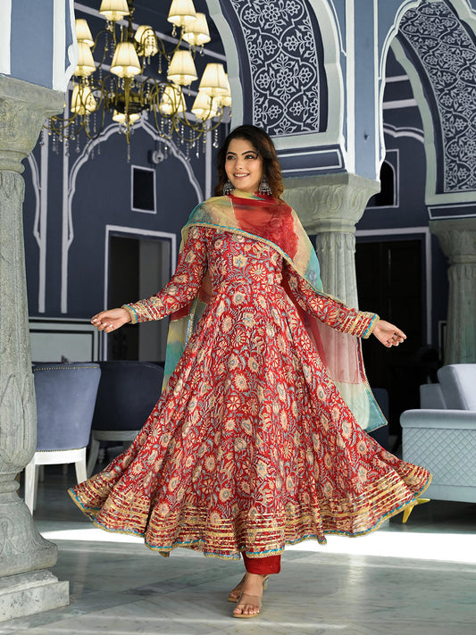 Eshani Red Floral Printed Anarkali Muslin Kurta Trouser with Dupatta Set