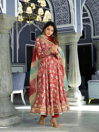 Eshani Red Floral Printed Anarkali Muslin Kurta Trouser with Dupatta Set