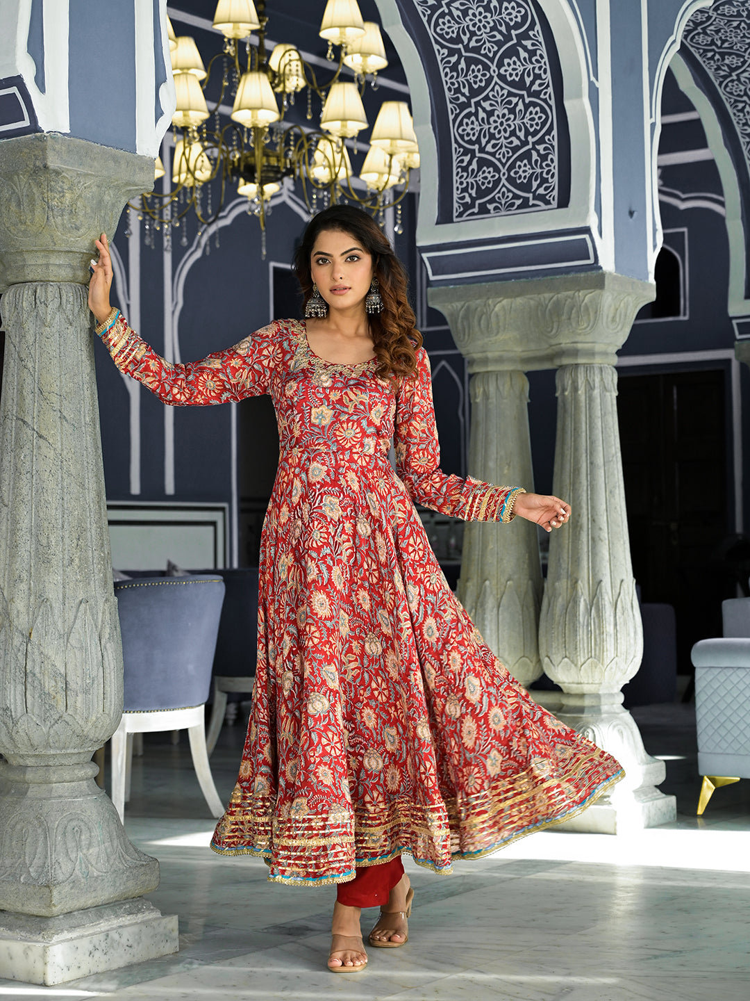 Eshani Red Floral Printed Anarkali Muslin Kurta Trouser with Dupatta Set