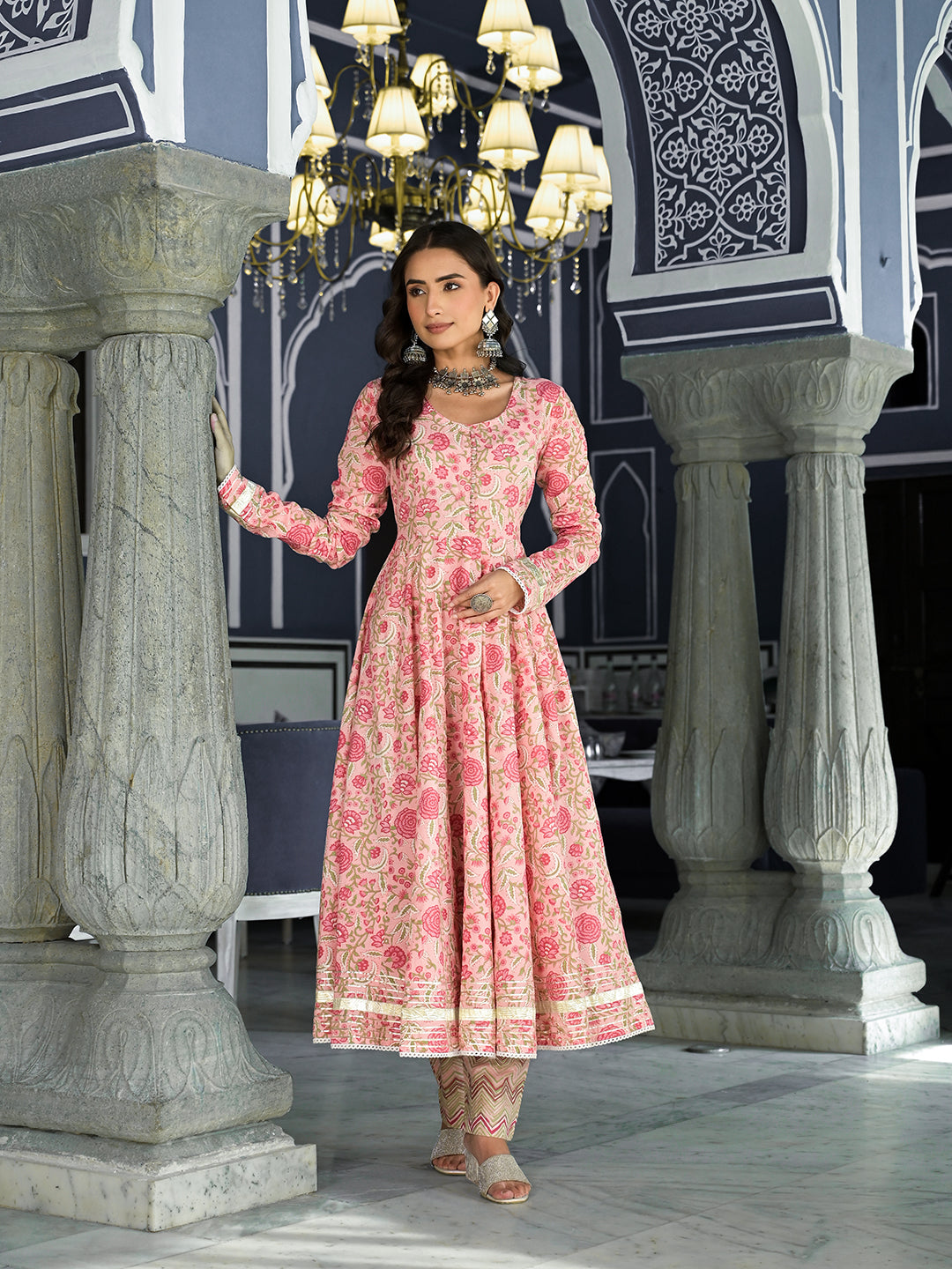 Eshani Pink Floral Hand Block Printed Anarkali Kurta Trouser with Dupatta Set