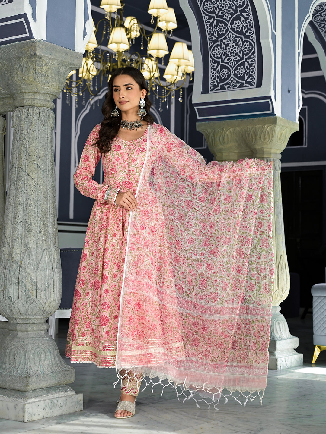 Eshani Pink Floral Hand Block Printed Anarkali Kurta Trouser with Dupatta Set