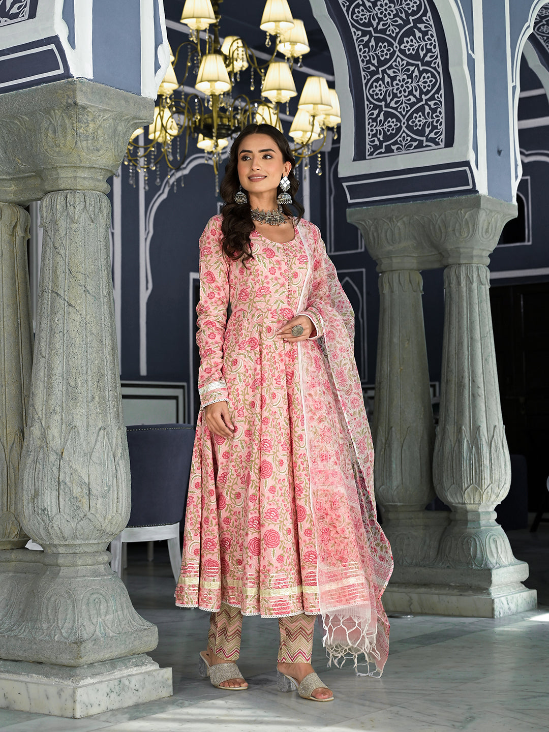 Eshani Pink Floral Hand Block Printed Anarkali Kurta Trouser with Dupatta Set