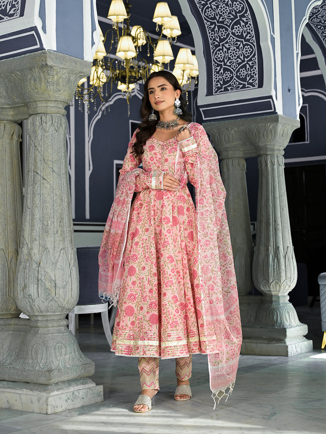 Eshani Pink Floral Hand Block Printed Anarkali Kurta Trouser with Dupatta Set