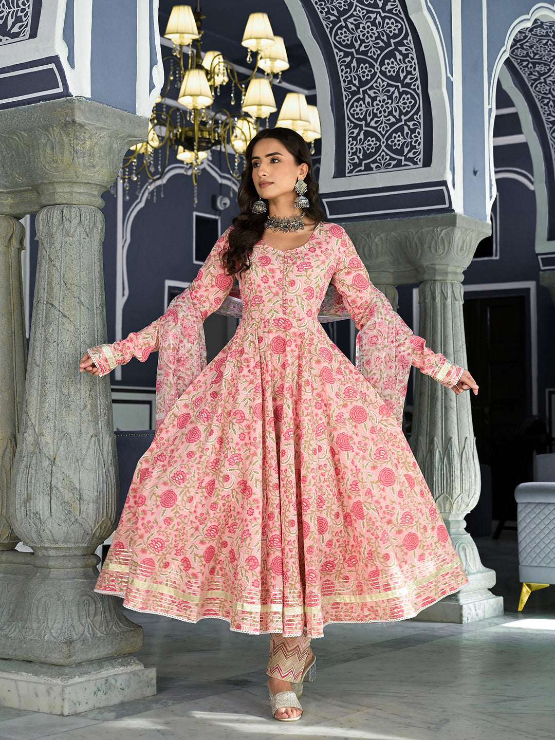 Eshani Pink Floral Hand Block Printed Anarkali Kurta Trouser with Dupatta Set