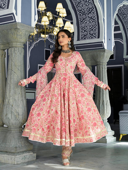 Eshani Pink Floral Hand Block Printed Anarkali Kurta Trouser with Dupatta Set