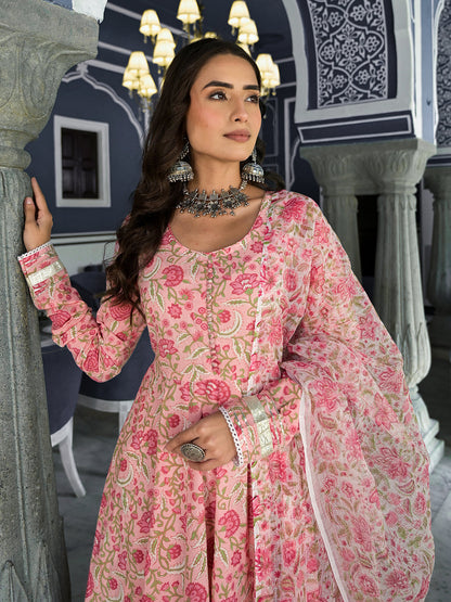 Eshani Pink Floral Hand Block Printed Anarkali Kurta Trouser with Dupatta Set