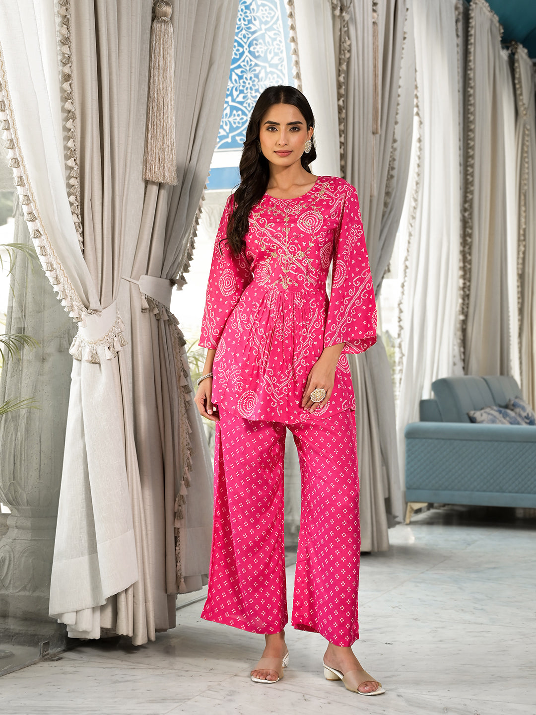 Eshani Pink Digital Print Gota Work Pure Muslin Co-ord Set