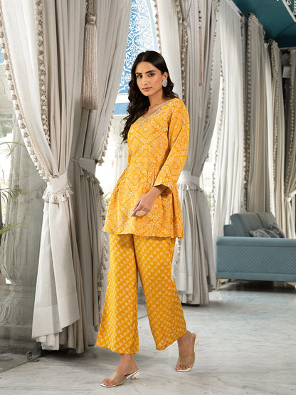 Mustard Yellow Digital Print Gota Work Pure Muslin Co-ord Set