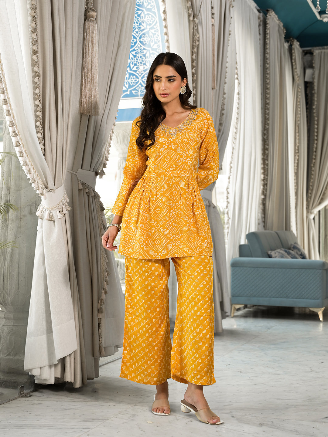 Mustard Yellow Digital Print Gota Work Pure Muslin Co-ord Set