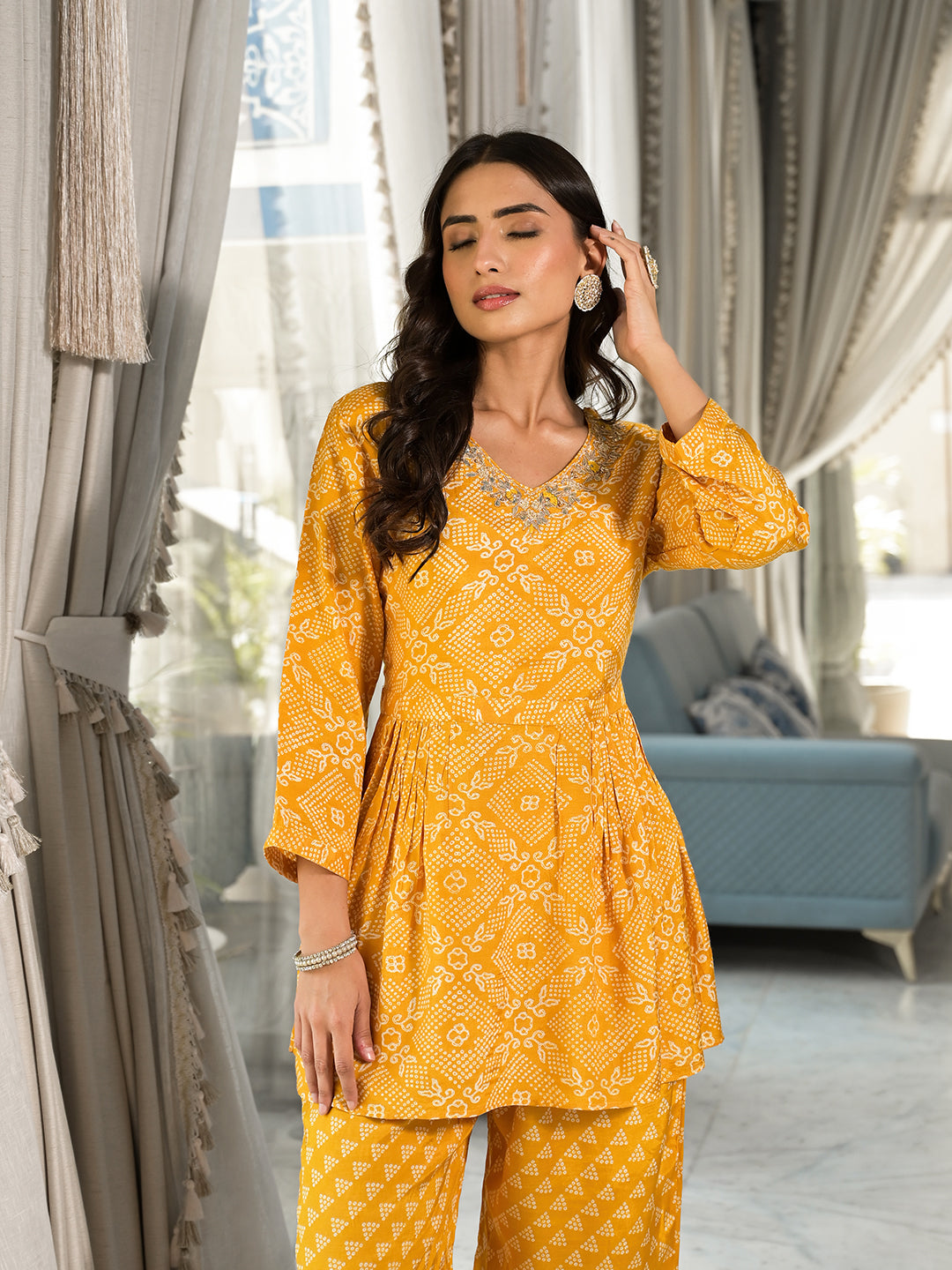 Mustard Yellow Digital Print Gota Work Pure Muslin Co-ord Set