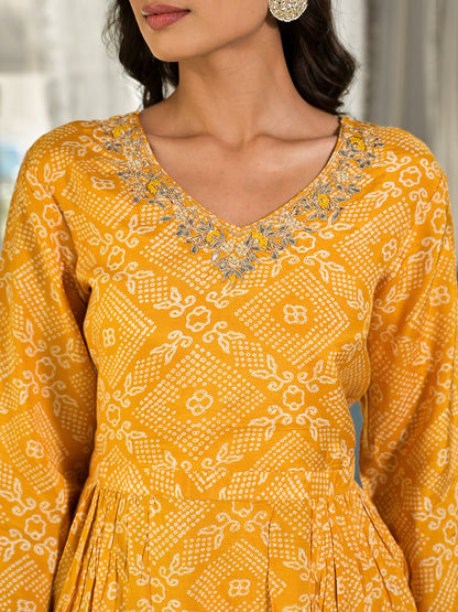 Mustard Yellow Digital Print Gota Work Pure Muslin Co-ord Set