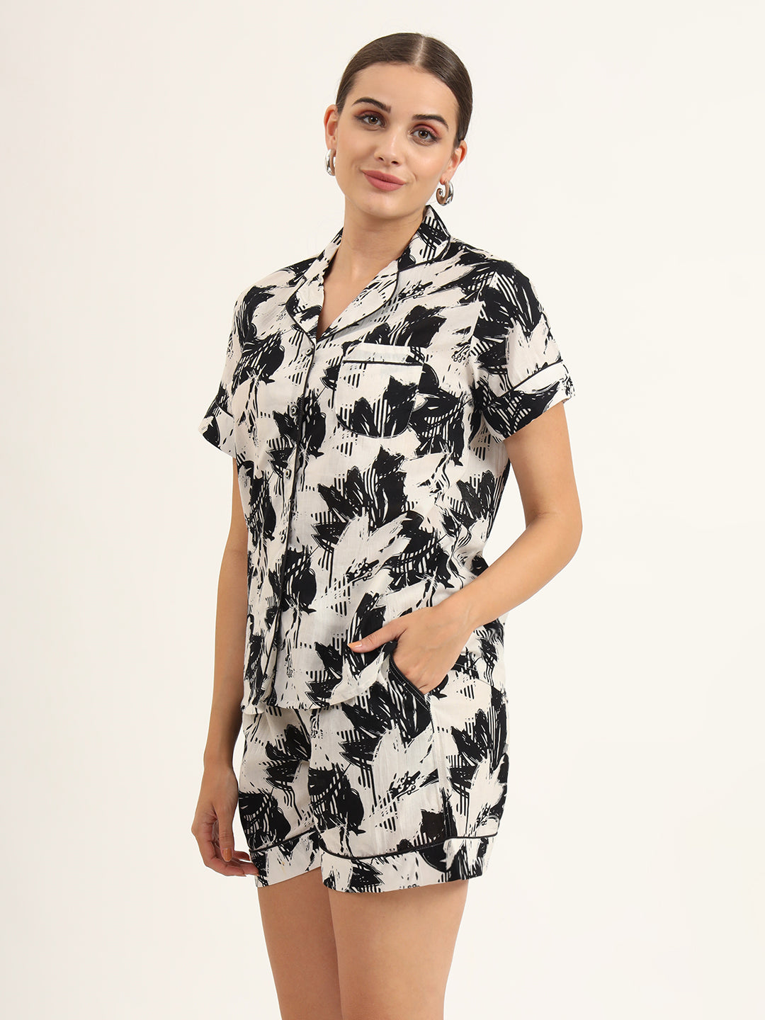 ESHANI Black & White Asymetric Print Pure Cotton Regular Night Suit