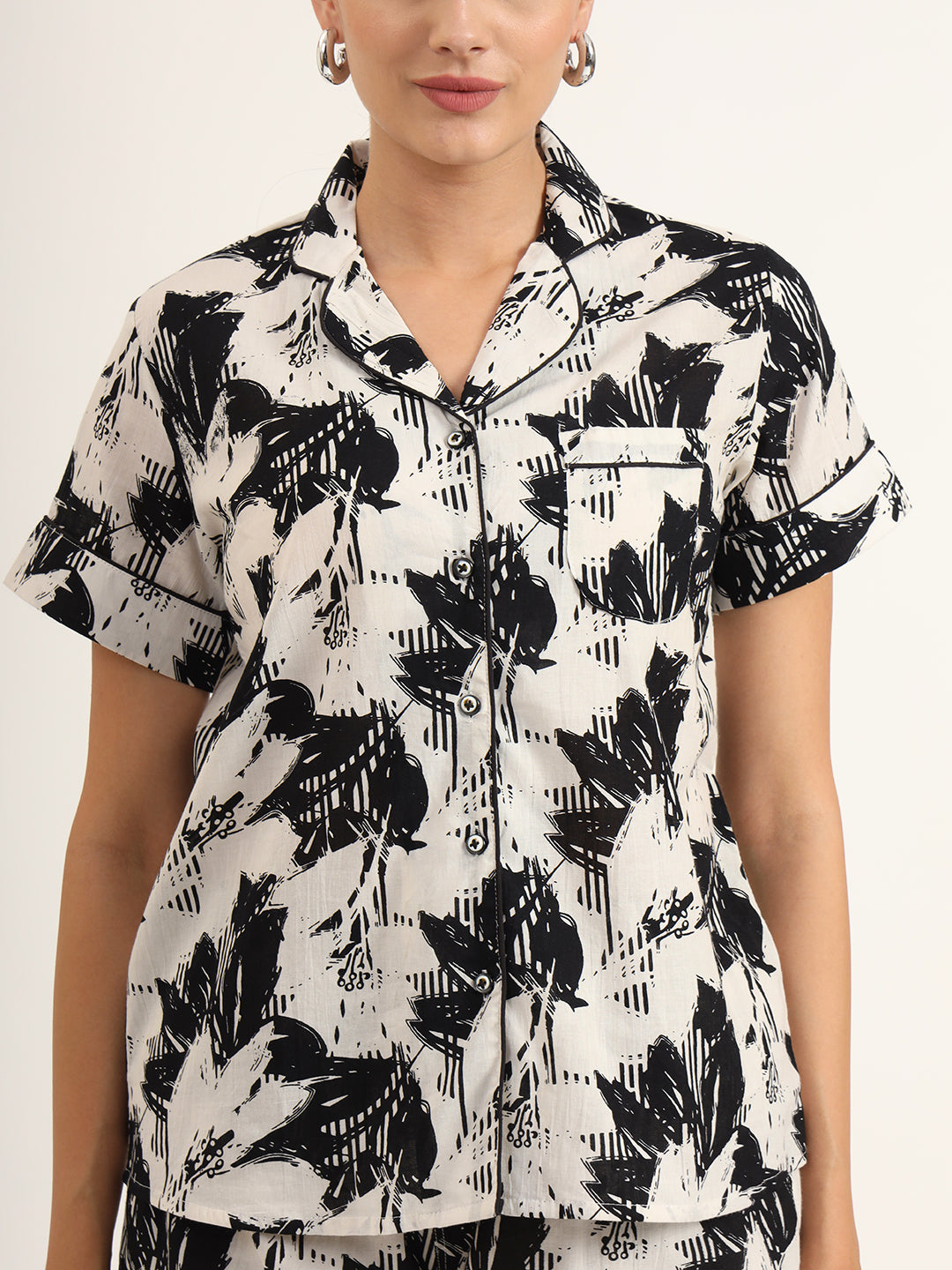 ESHANI Black & White Asymetric Print Pure Cotton Regular Night Suit