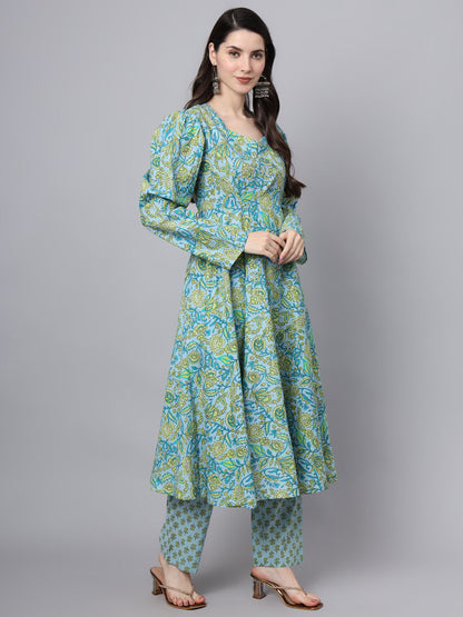 Eshani Floral Printed Sky Blue Cotton Anarkali Kurta Pant Dupatta Set