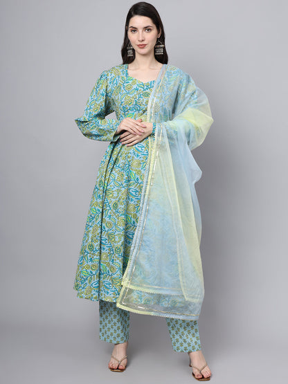 Eshani Floral Printed Sky Blue Cotton Anarkali Kurta Pant Dupatta Set