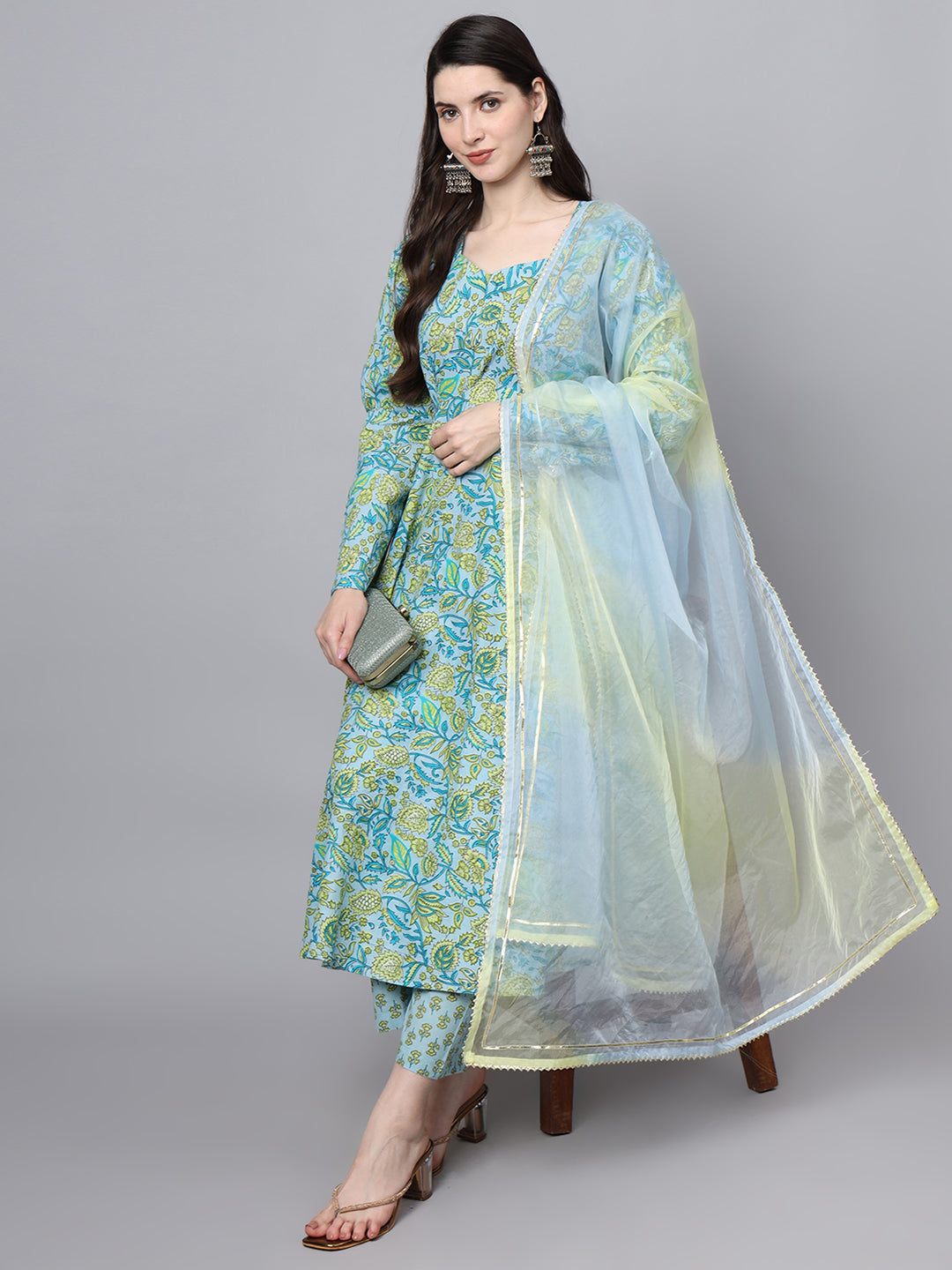 Eshani Floral Printed Sky Blue Cotton Anarkali Kurta Pant Dupatta Set