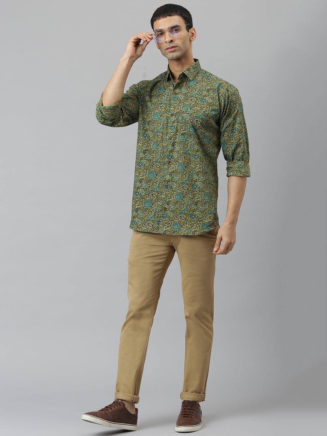 Millennial Men Mehendi & Green Cotton  Full Sleeve  Shirt for Men-MMF0278 - divenaworld.com