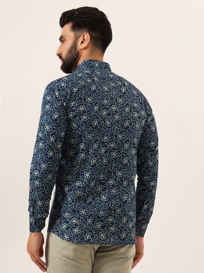 MILLENNIAL MEN Blue Floral Print Pure Cotton Regular Fit Casual Full Sleeve