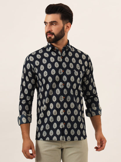 MILLENNIAL MEN Navy Blue Printed Pure Cotton Regular Fit Casual Shirt